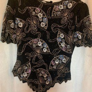 $$ SOLD $$ EUC Vintage Laurence Kazar Sequin & Beads 100% Silk Fan Design Blouse